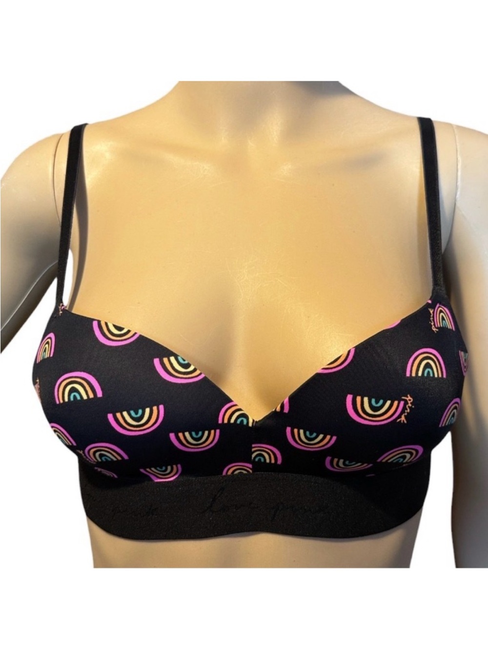 PINK Victoria's Secret Black Bra with Multicolor Rainbow Print Size 32B